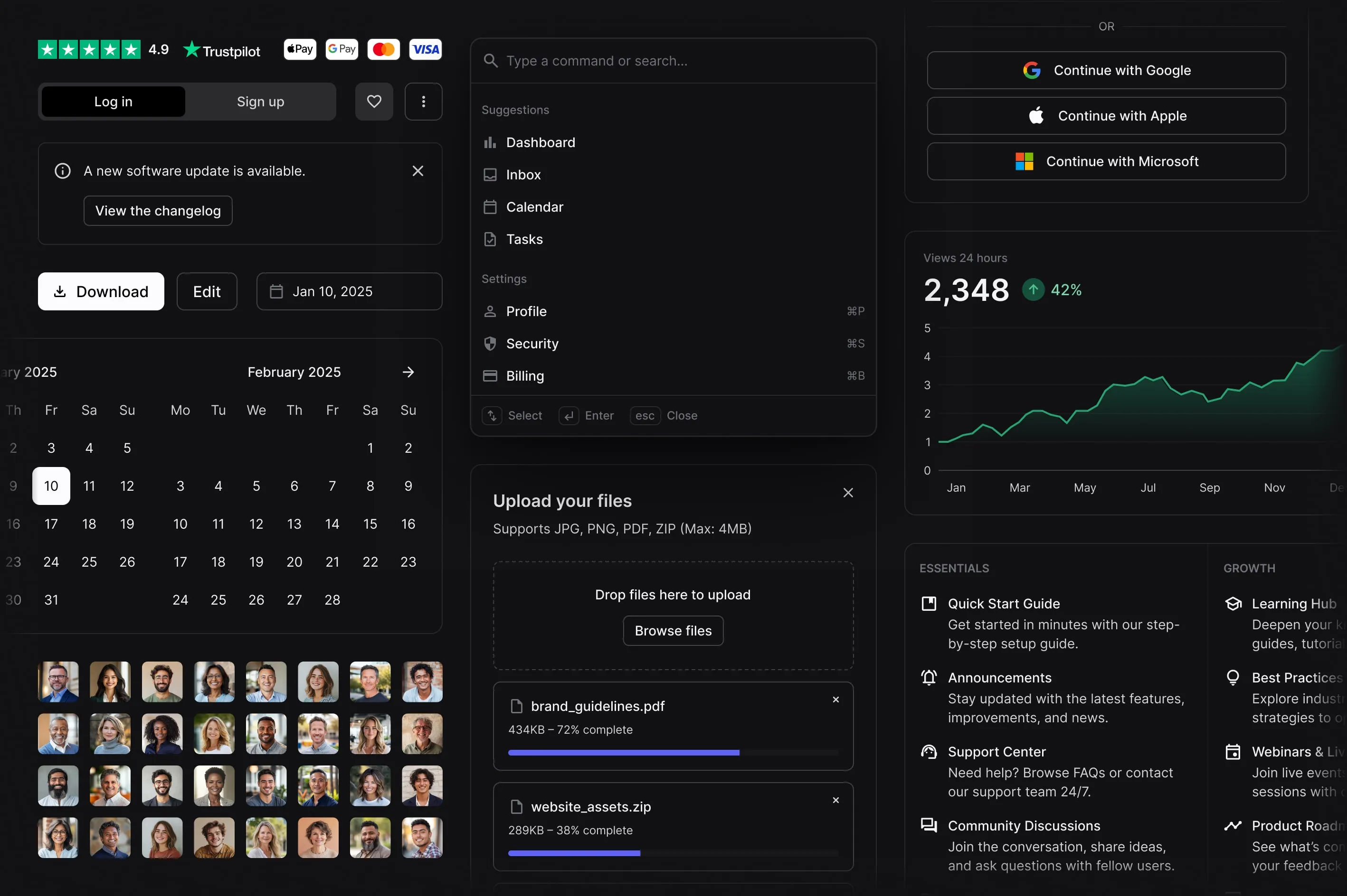 Overview of Zoma UI components in dark mode, featuring a wide range of UI elements such as buttons, inputs, cards, modals, forms, and navigation components.