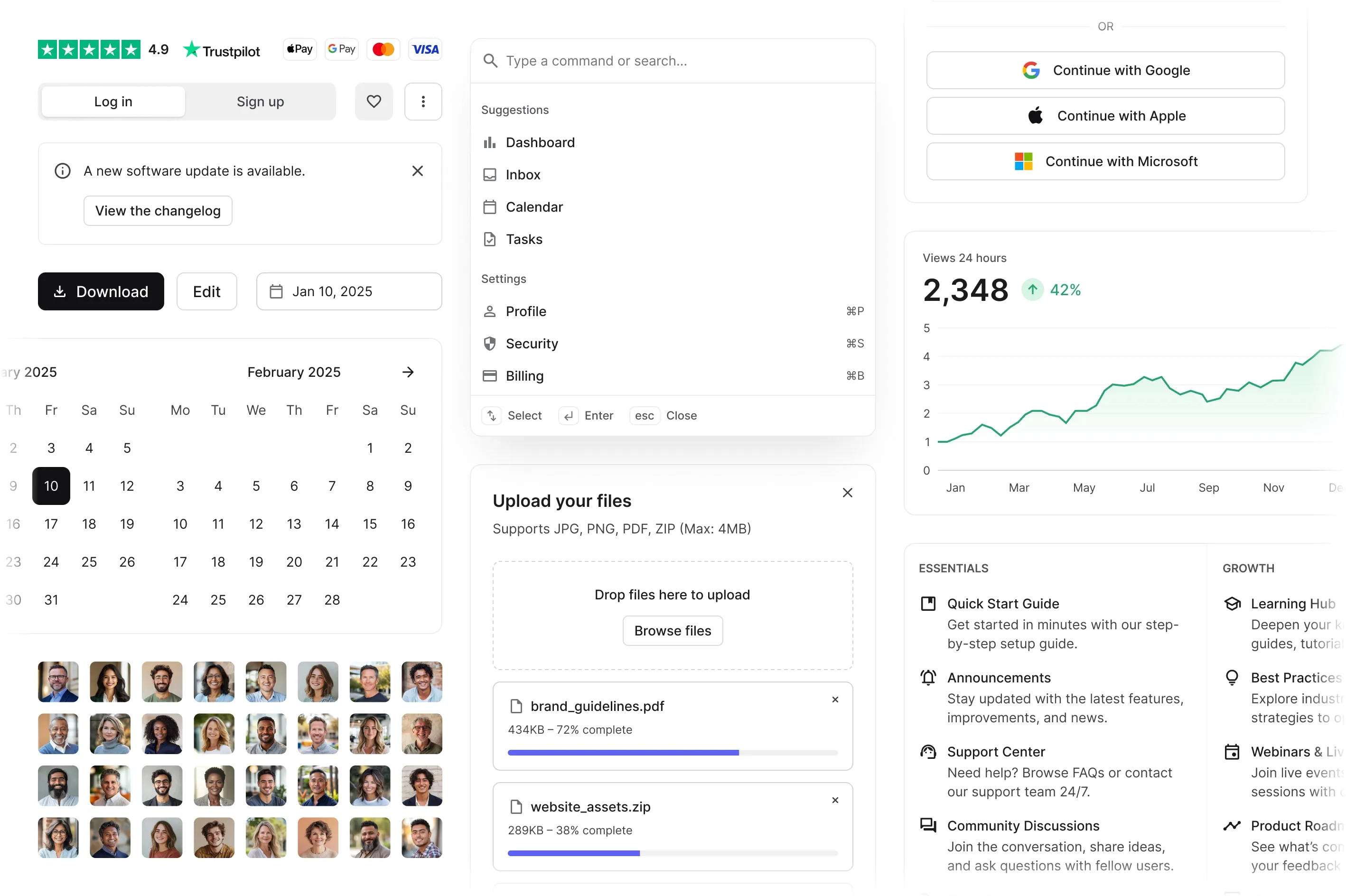 Overview of Zoma UI components in light mode, featuring a wide range of UI elements such as buttons, inputs, cards, modals, forms, and navigation components.
